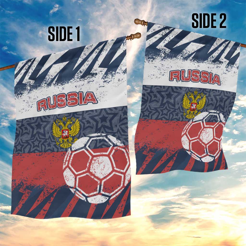 Russia Athletics Garden Flag with Soccer Ball, National Emblem, and Grunge Flag Design
