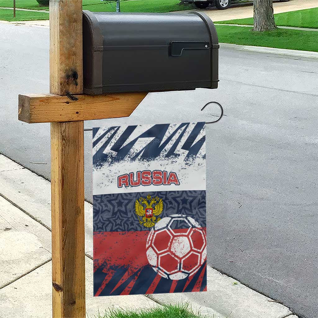 Russia Athletics Garden Flag with Soccer Ball, National Emblem, and Grunge Flag Design
