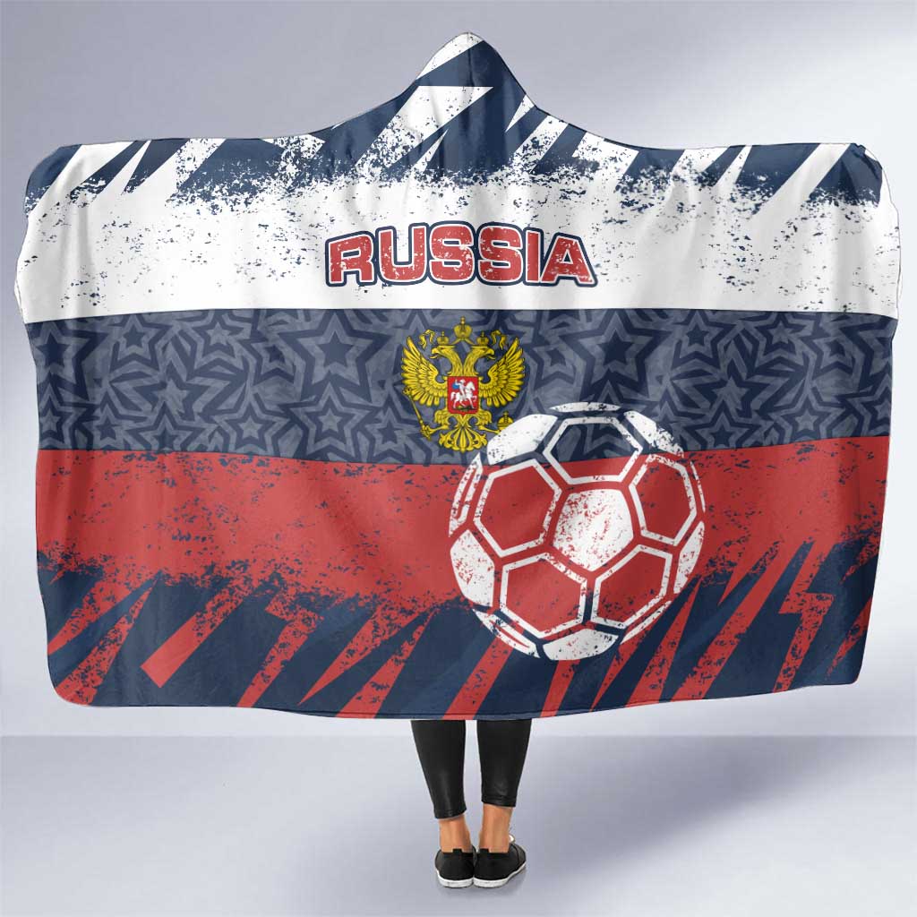 Russia Athletics Hooded Blanket with Soccer Ball, National Emblem, and Grunge Flag Design