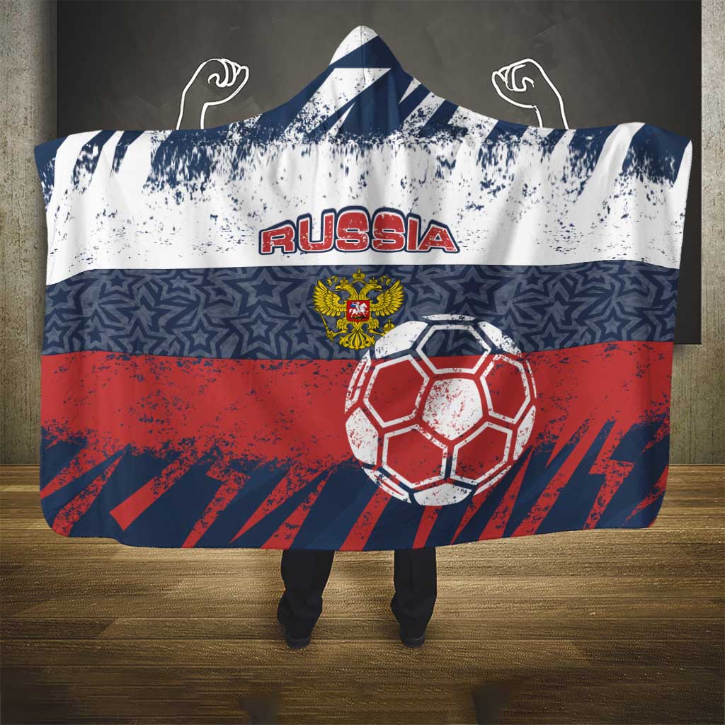 Russia Athletics Hooded Blanket with Soccer Ball, National Emblem, and Grunge Flag Design
