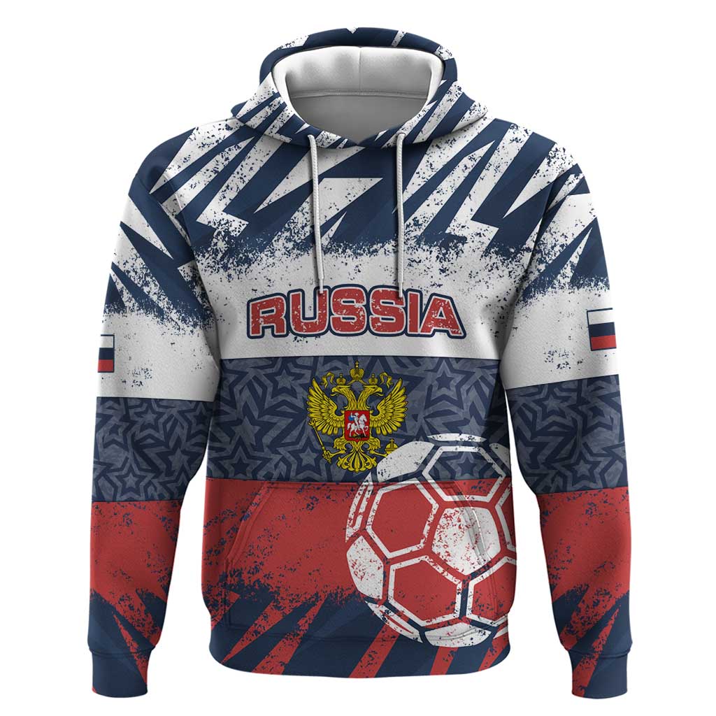 Personalized Russia Athletics Hoodie with Soccer Ball, National Emblem, and Grunge Flag Design