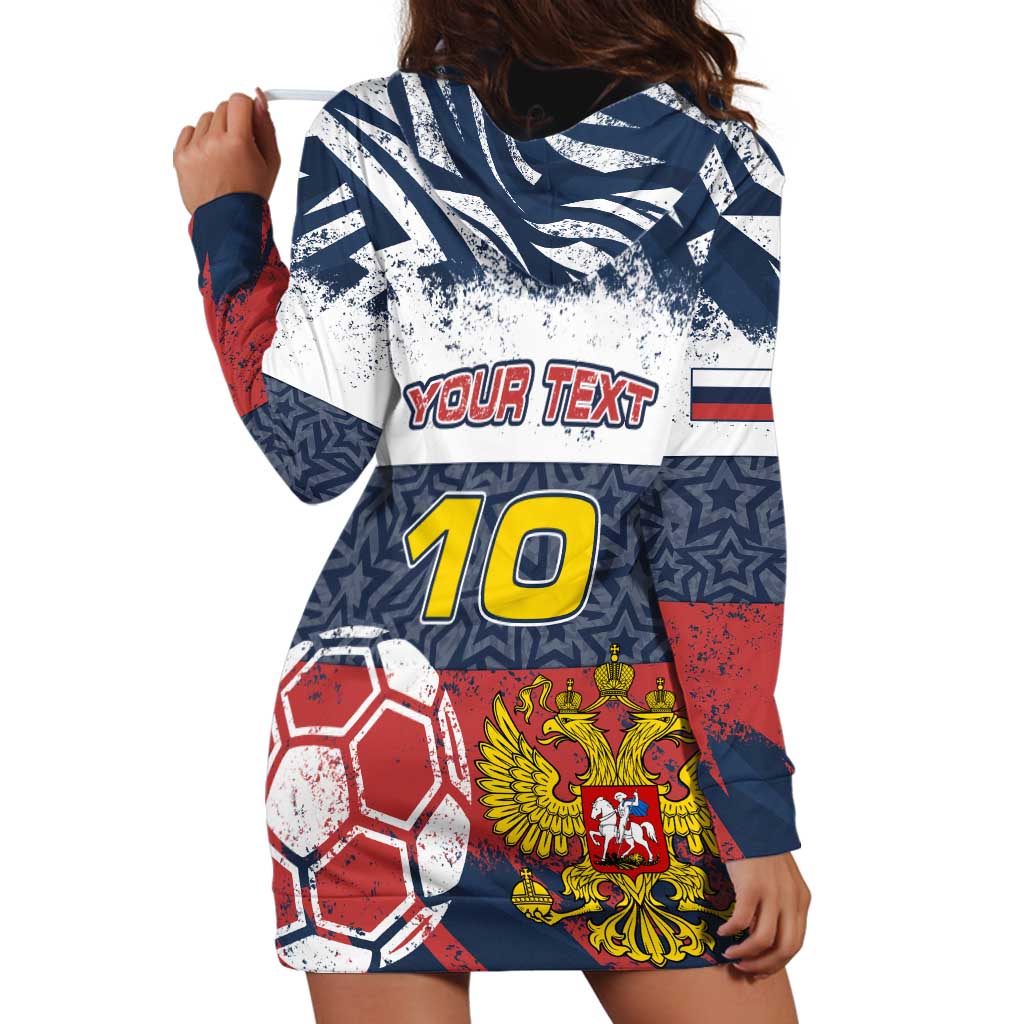 Personalized Russia Athletics Hoodie Dress with Soccer Ball, National Emblem, and Grunge Flag Design