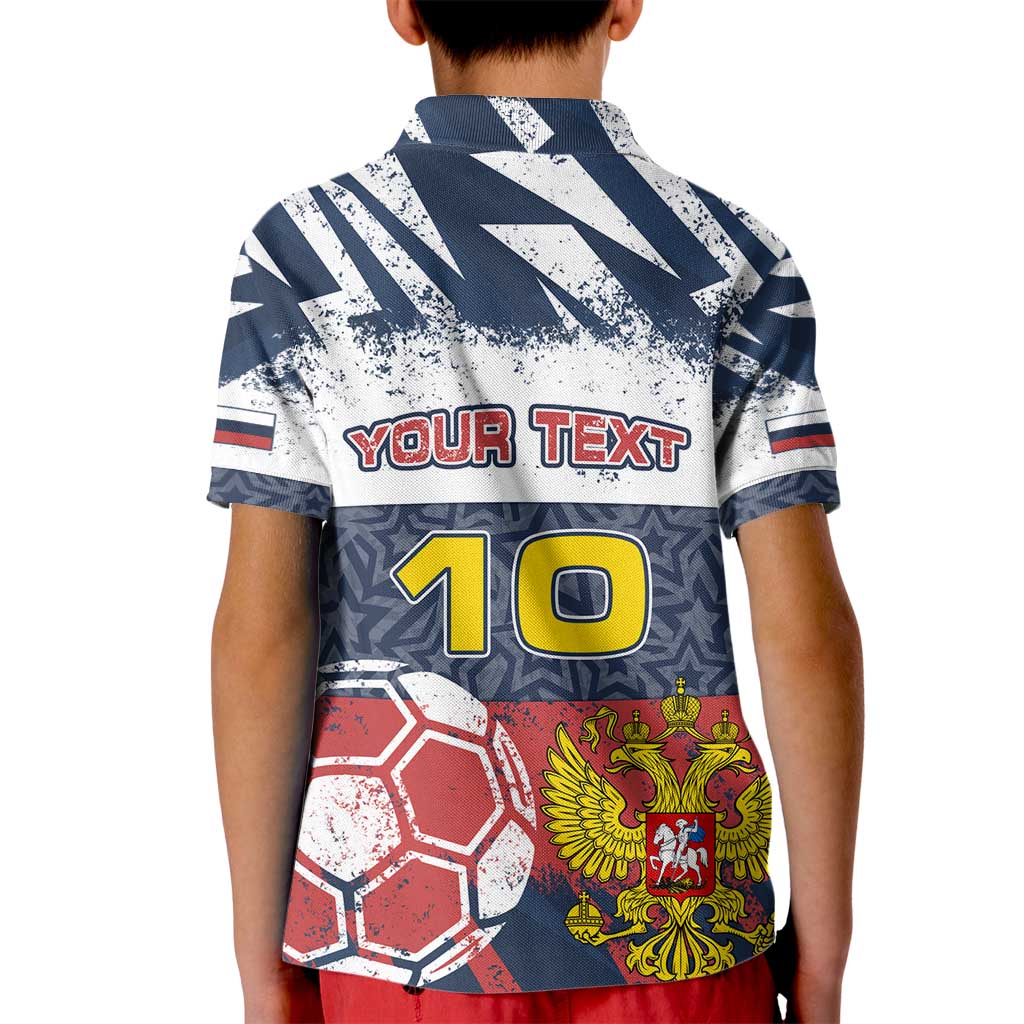 Personalized Russia Athletics Kid Polo Shirt with Soccer Ball, National Emblem, and Grunge Flag Design