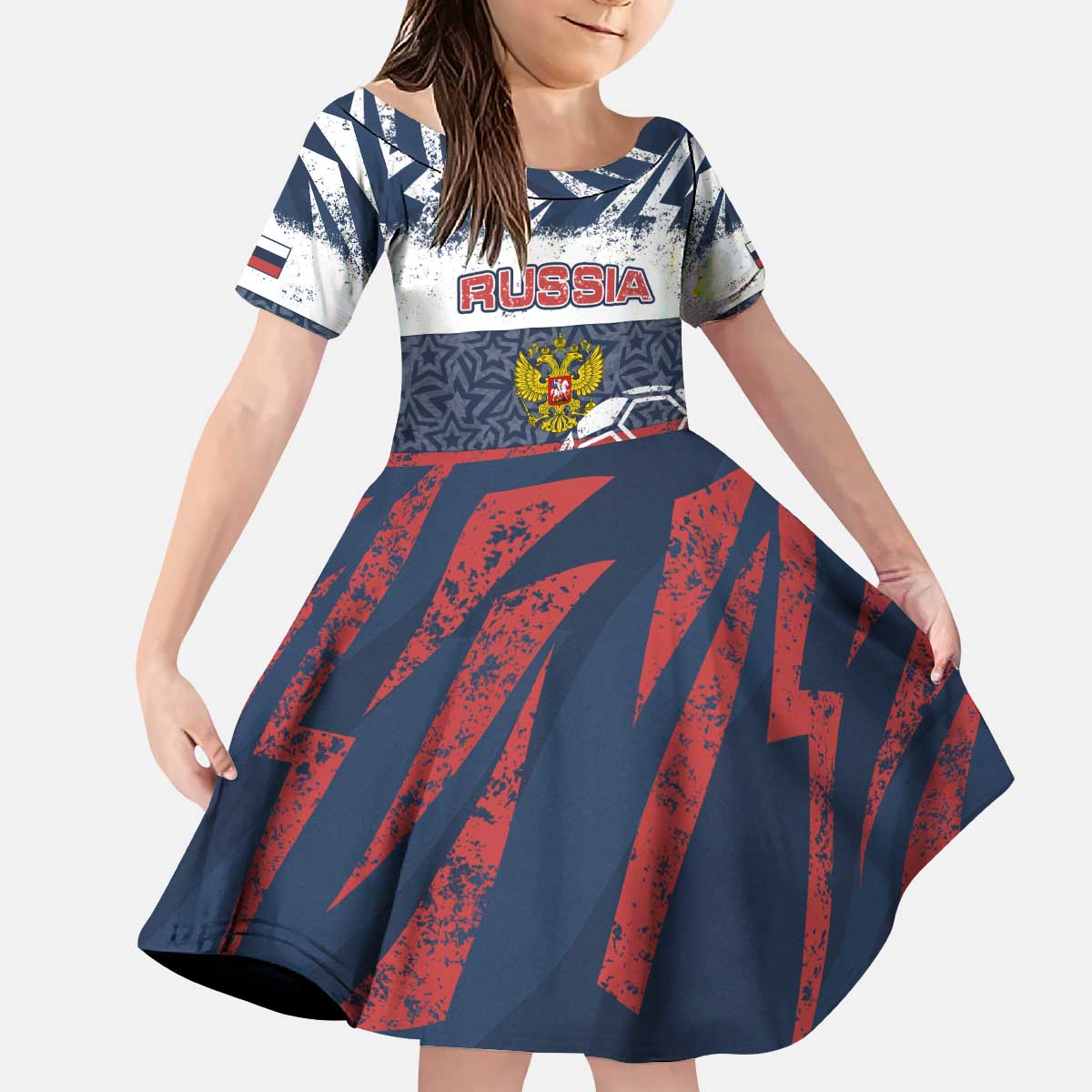 Personalized Russia Athletics Kid Short Sleeve Dress with Soccer Ball, National Emblem, and Grunge Flag Design
