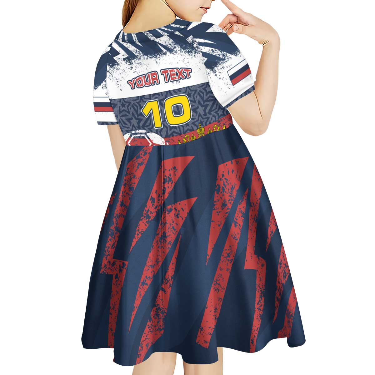 Personalized Russia Athletics Kid Short Sleeve Dress with Soccer Ball, National Emblem, and Grunge Flag Design