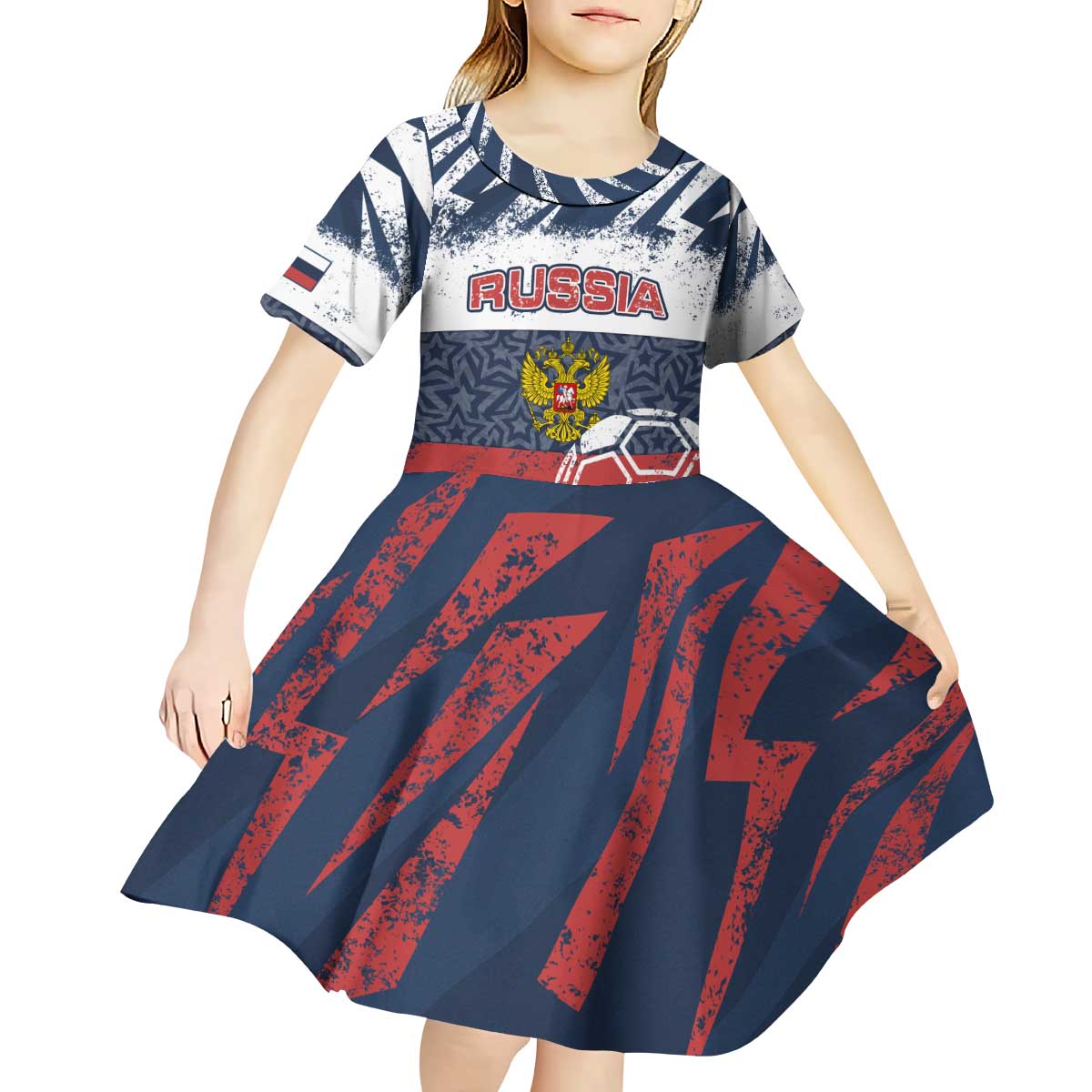 Personalized Russia Athletics Kid Short Sleeve Dress with Soccer Ball, National Emblem, and Grunge Flag Design
