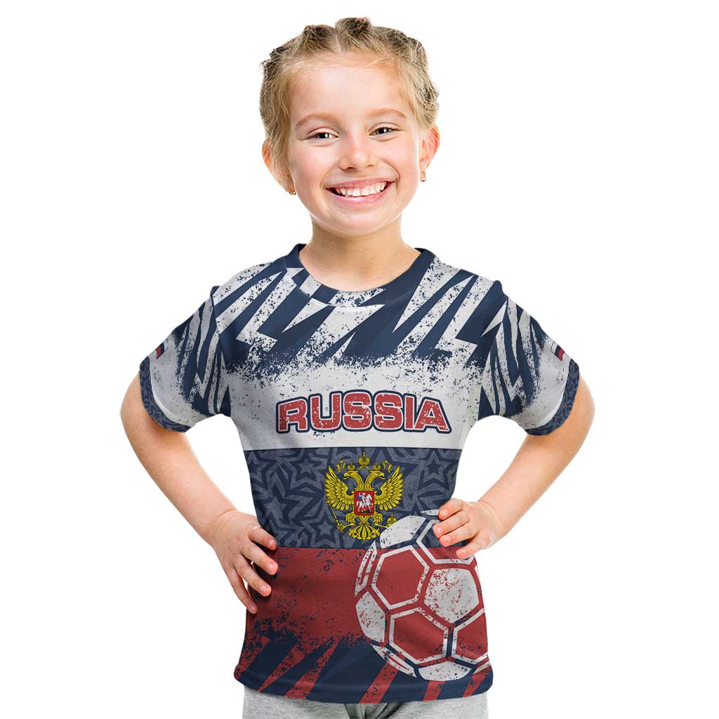 Personalized Russia Athletics Kid T Shirt with Soccer Ball, National Emblem, and Grunge Flag Design