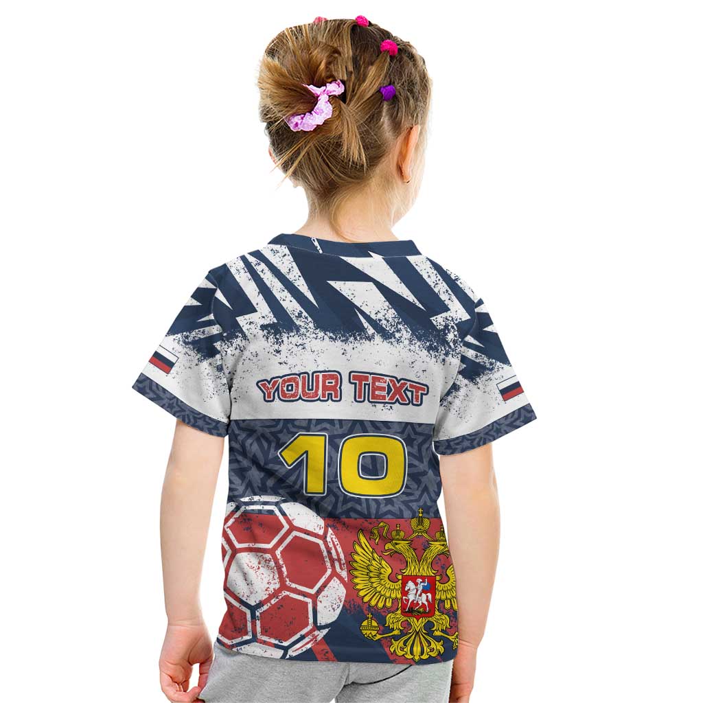 Personalized Russia Athletics Kid T Shirt with Soccer Ball, National Emblem, and Grunge Flag Design