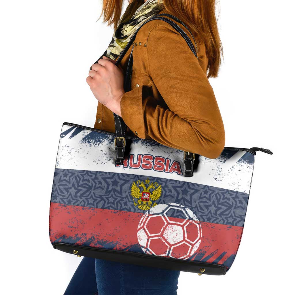 Russia Athletics Leather Tote Bag with Soccer Ball, National Emblem, and Grunge Flag Design