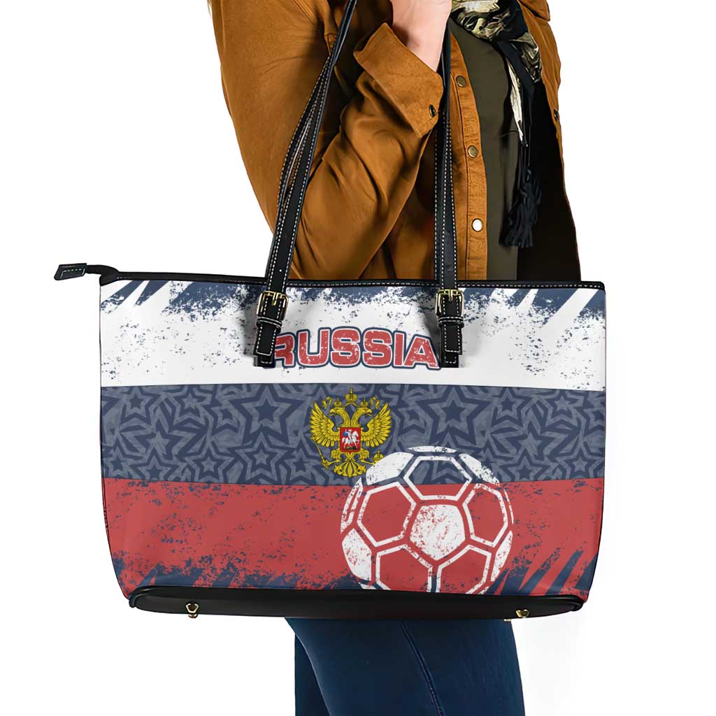 Russia Athletics Leather Tote Bag with Soccer Ball, National Emblem, and Grunge Flag Design