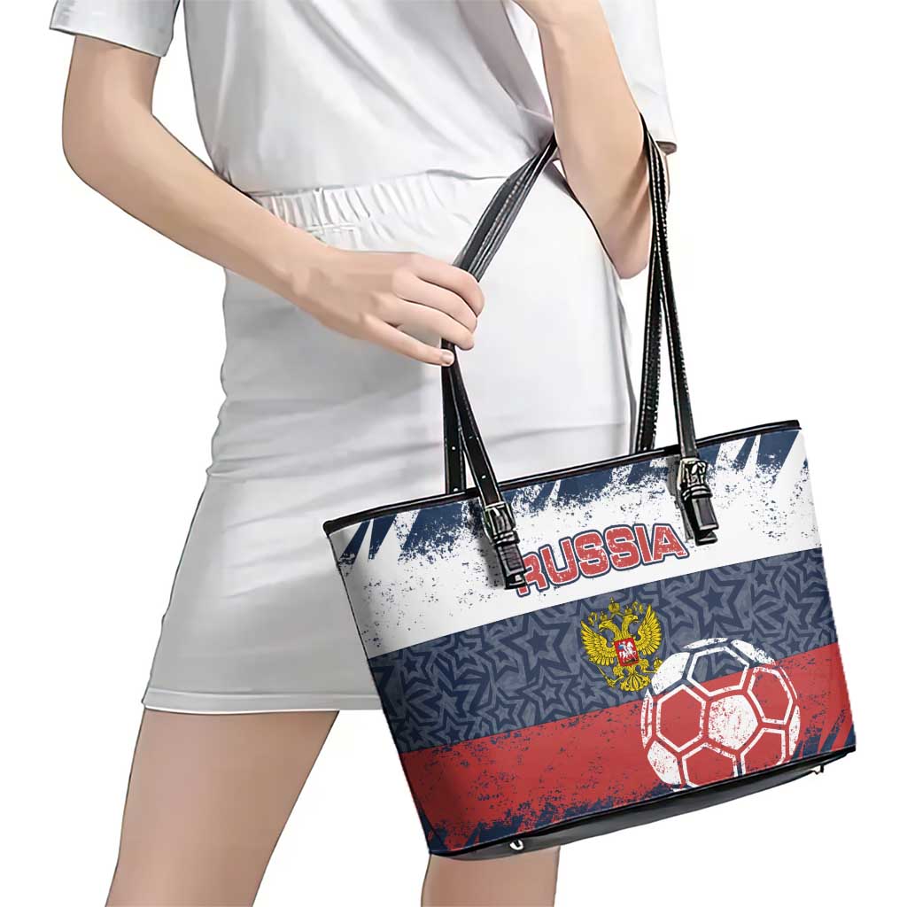 Russia Athletics Leather Tote Bag with Soccer Ball, National Emblem, and Grunge Flag Design