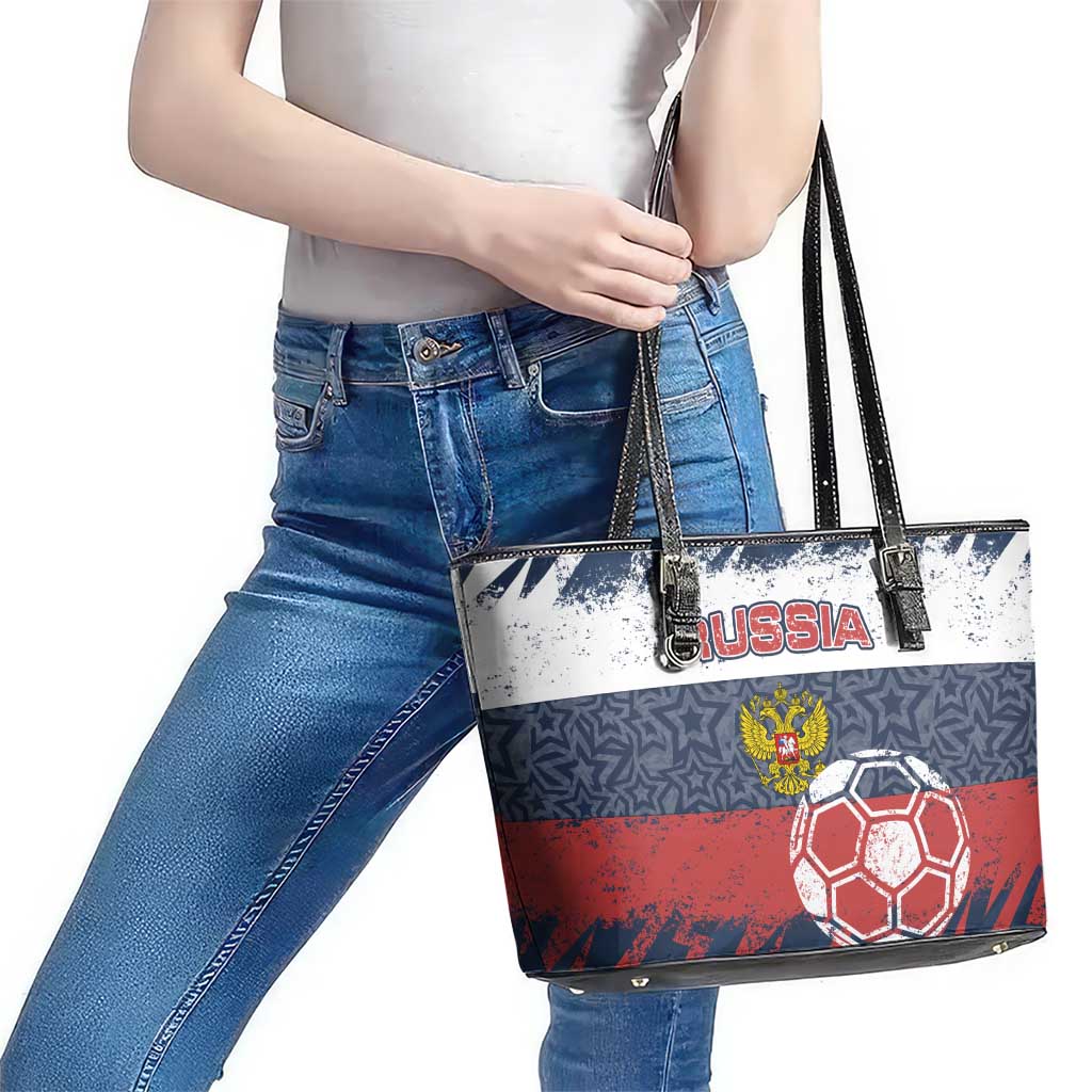 Russia Athletics Leather Tote Bag with Soccer Ball, National Emblem, and Grunge Flag Design
