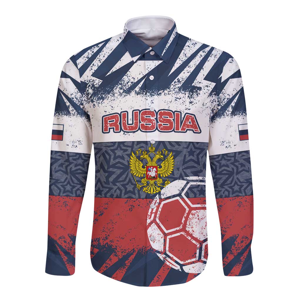 Personalized Russia Athletics Long Sleeve Button Shirt with Soccer Ball, National Emblem, and Grunge Flag Design