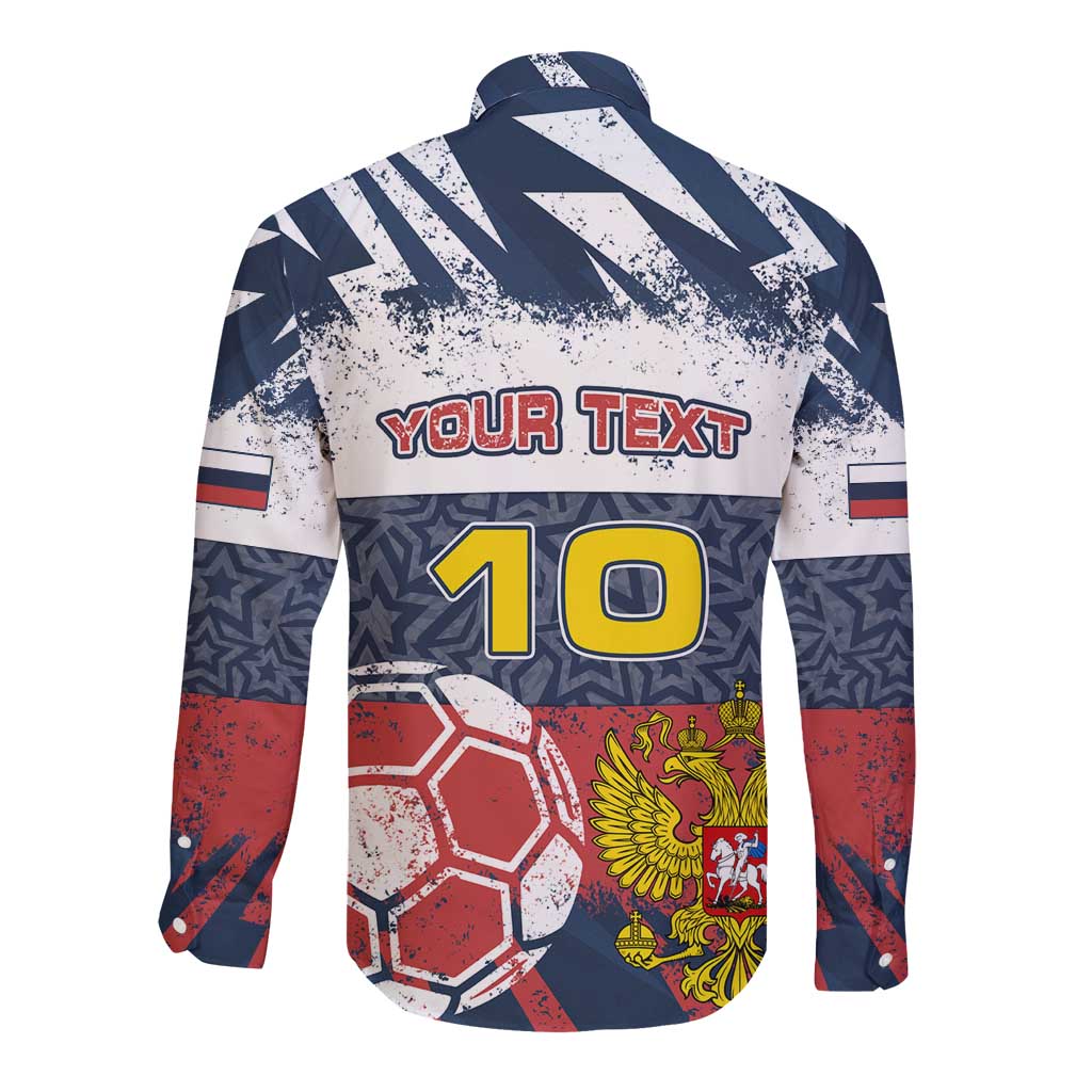 Personalized Russia Athletics Long Sleeve Button Shirt with Soccer Ball, National Emblem, and Grunge Flag Design