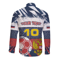 Personalized Russia Athletics Long Sleeve Button Shirt with Soccer Ball, National Emblem, and Grunge Flag Design