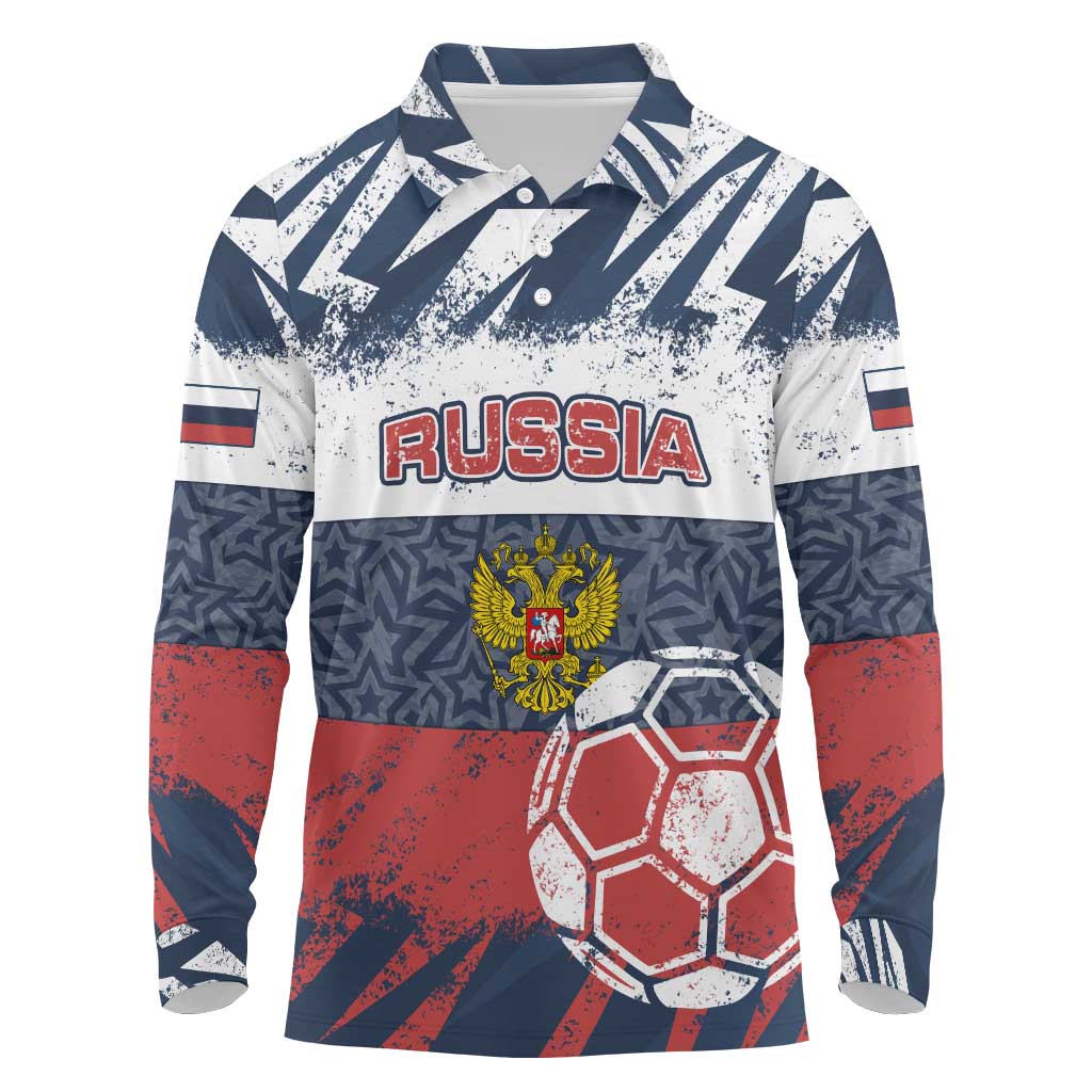 Personalized Russia Athletics Long Sleeve Polo Shirt with Soccer Ball, National Emblem, and Grunge Flag Design