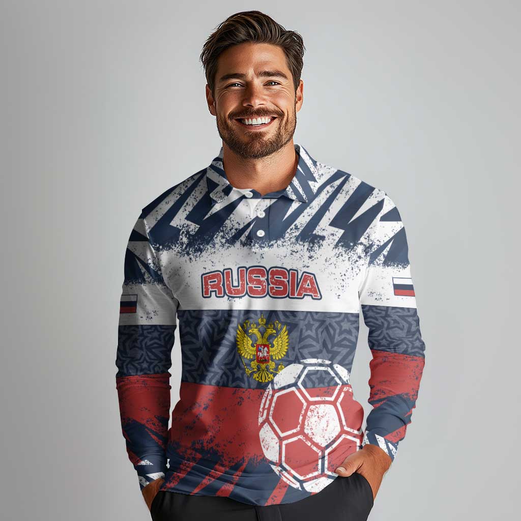Personalized Russia Athletics Long Sleeve Polo Shirt with Soccer Ball, National Emblem, and Grunge Flag Design