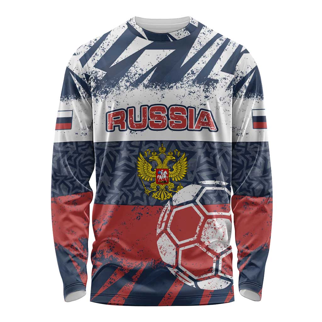 Personalized Russia Athletics Long Sleeve Shirt with Soccer Ball, National Emblem, and Grunge Flag Design