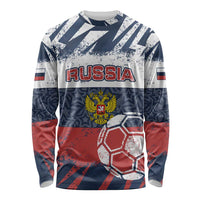Personalized Russia Athletics Long Sleeve Shirt with Soccer Ball, National Emblem, and Grunge Flag Design
