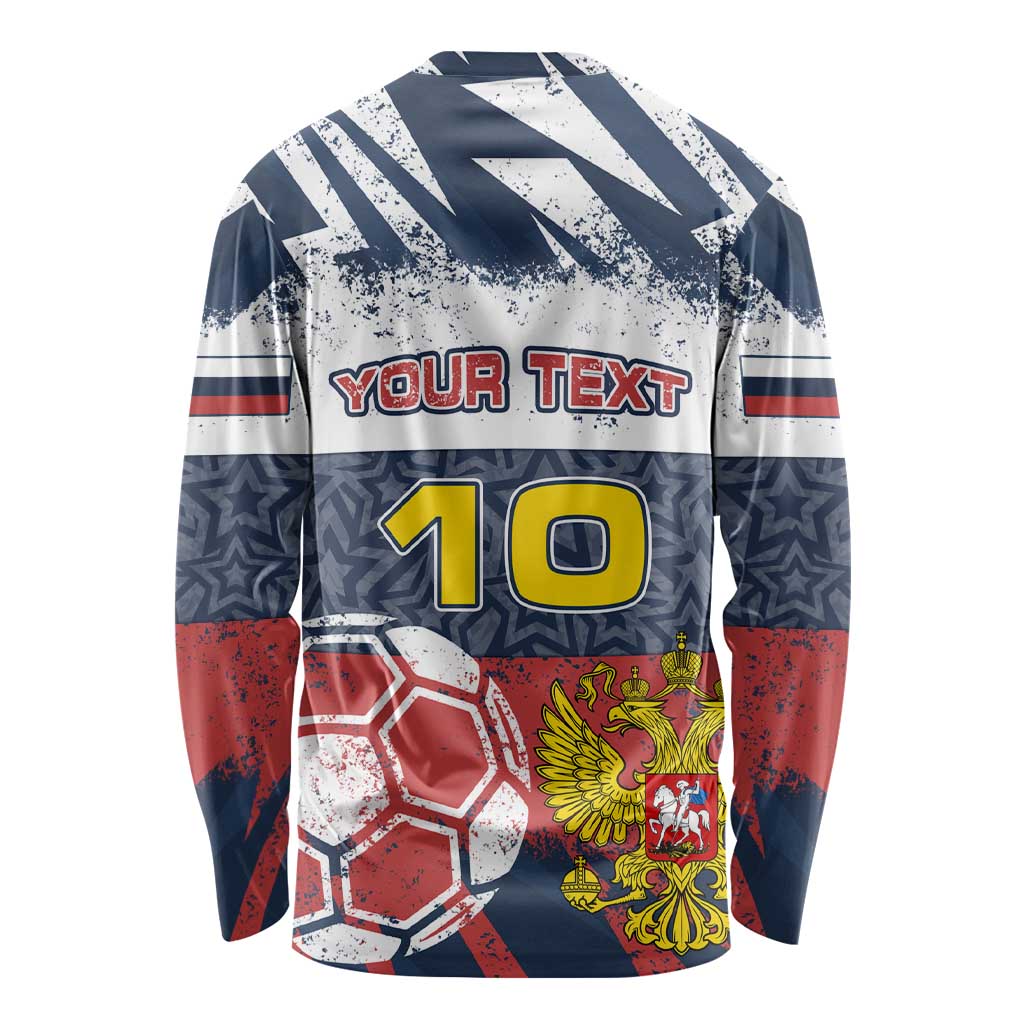 Personalized Russia Athletics Long Sleeve Shirt with Soccer Ball, National Emblem, and Grunge Flag Design
