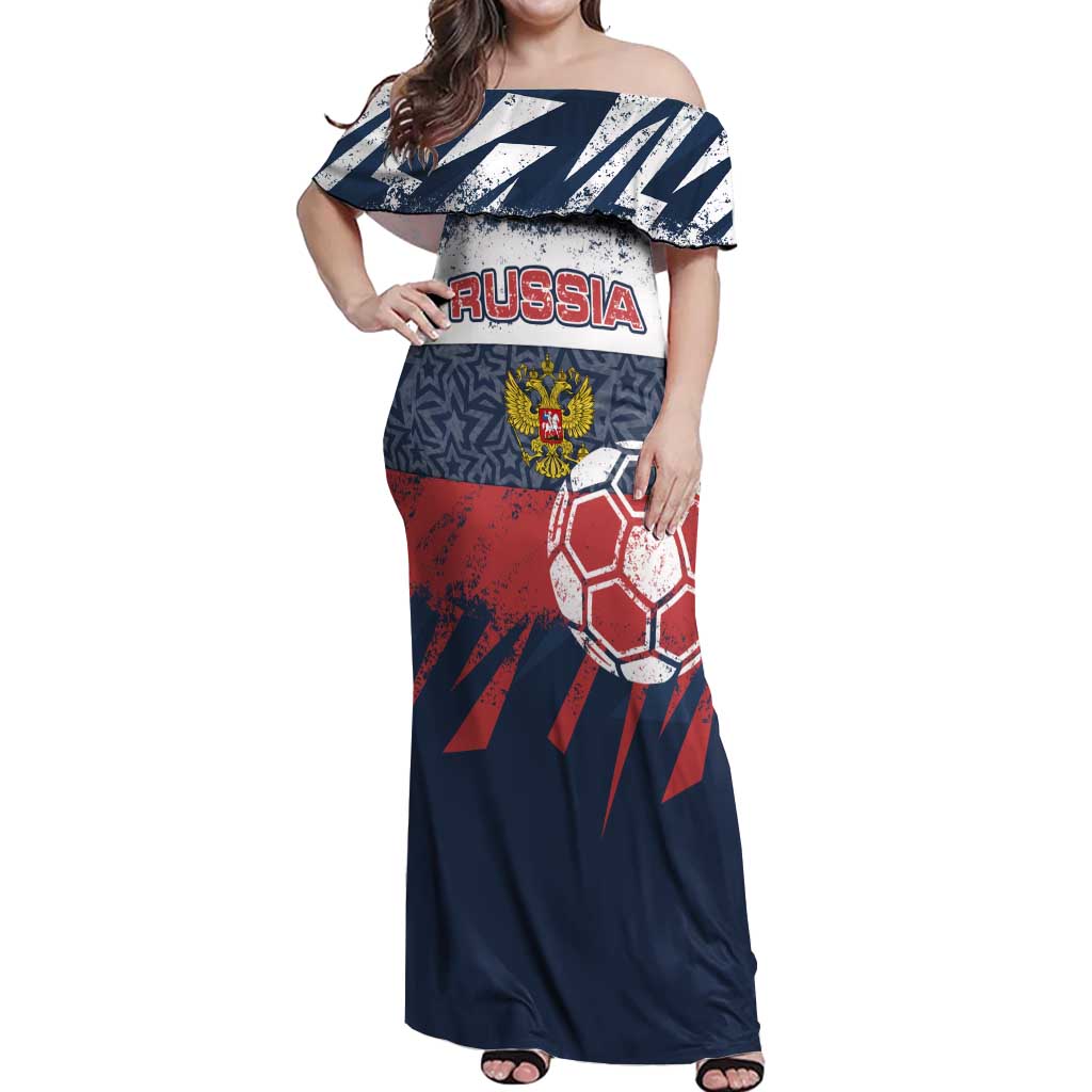 Personalized Russia Athletics Off Shoulder Maxi Dress with Soccer Ball, National Emblem, and Grunge Flag Design