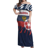Personalized Russia Athletics Off Shoulder Maxi Dress with Soccer Ball, National Emblem, and Grunge Flag Design