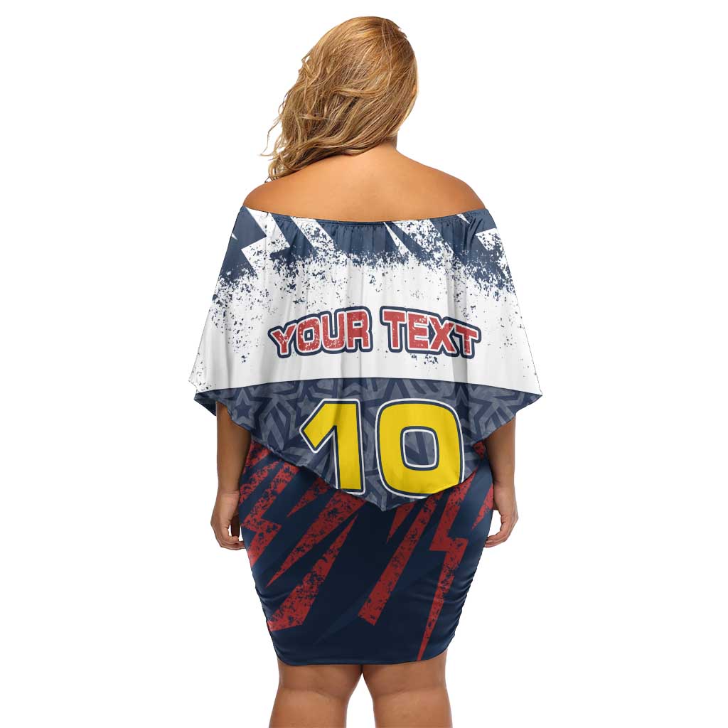 Personalized Russia Athletics Off Shoulder Short Dress with Soccer Ball, National Emblem, and Grunge Flag Design