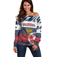 Personalized Russia Athletics Off Shoulder Sweater with Soccer Ball, National Emblem, and Grunge Flag Design