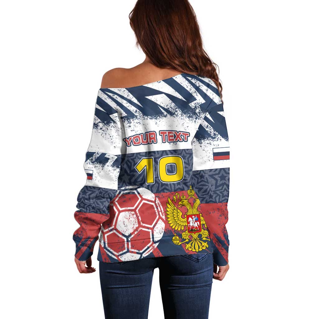 Personalized Russia Athletics Off Shoulder Sweater with Soccer Ball, National Emblem, and Grunge Flag Design