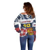 Personalized Russia Athletics Off Shoulder Sweater with Soccer Ball, National Emblem, and Grunge Flag Design