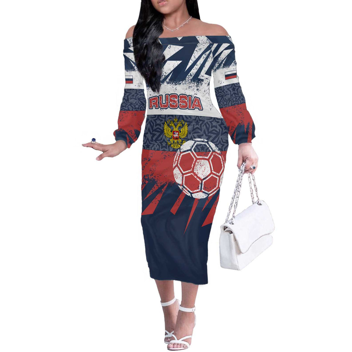 Personalized Russia Athletics Off The Shoulder Long Sleeve Dress with Soccer Ball, National Emblem, and Grunge Flag Design