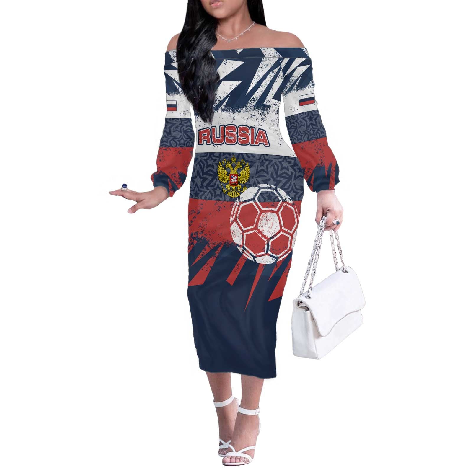 Personalized Russia Athletics Off The Shoulder Long Sleeve Dress with Soccer Ball, National Emblem, and Grunge Flag Design