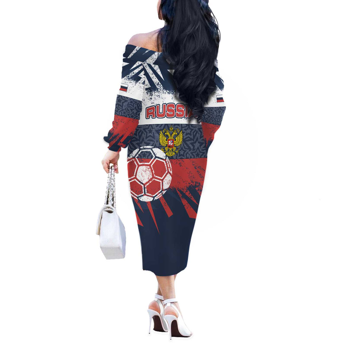 Personalized Russia Athletics Off The Shoulder Long Sleeve Dress with Soccer Ball, National Emblem, and Grunge Flag Design