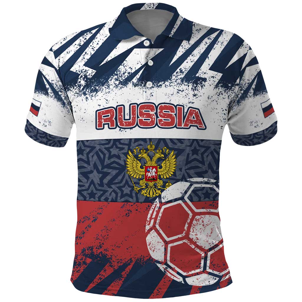 Personalized Russia Athletics Polo Shirt with Soccer Ball, National Emblem, and Grunge Flag Design