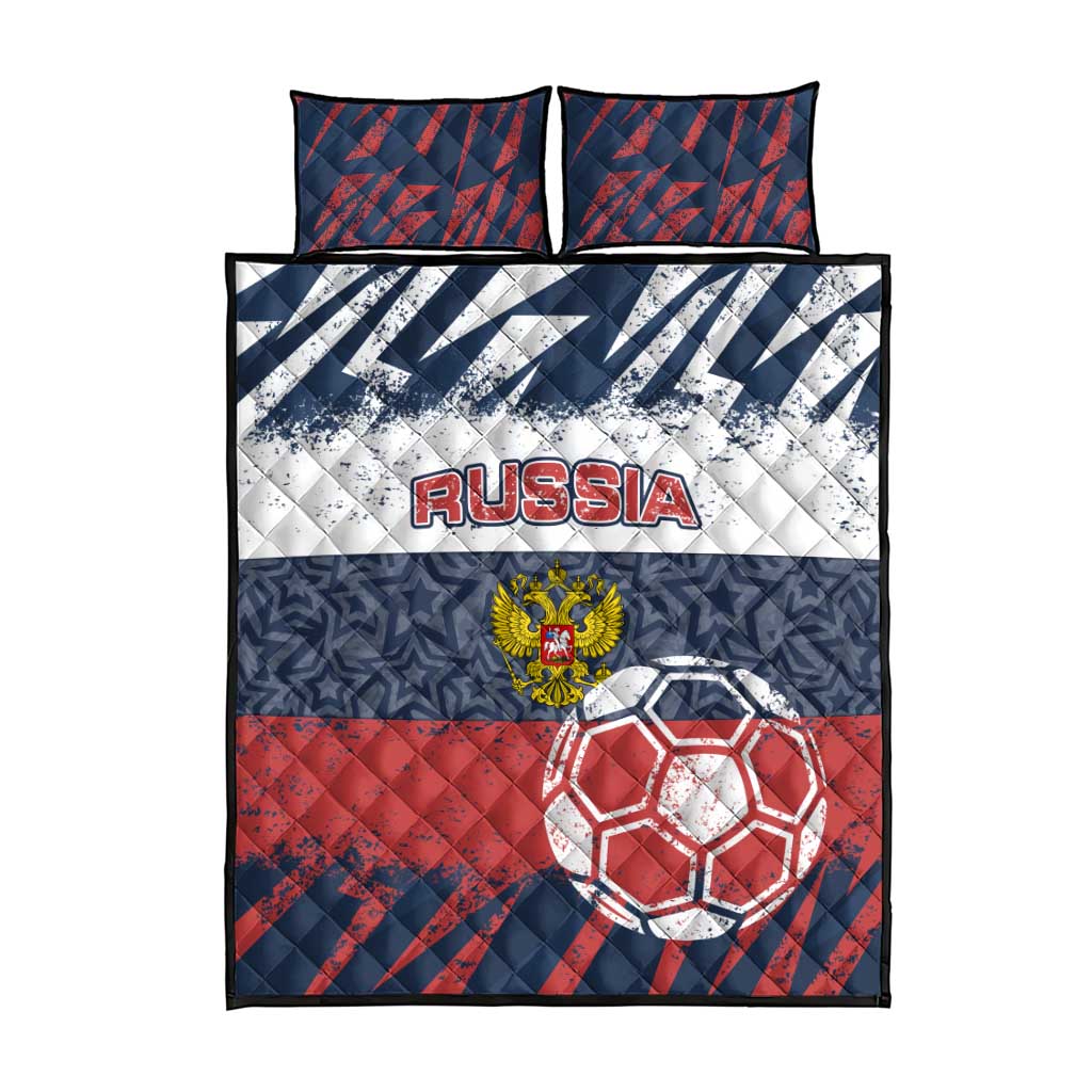 Russia Athletics Quilt Bed Set with Soccer Ball, National Emblem, and Grunge Flag Design