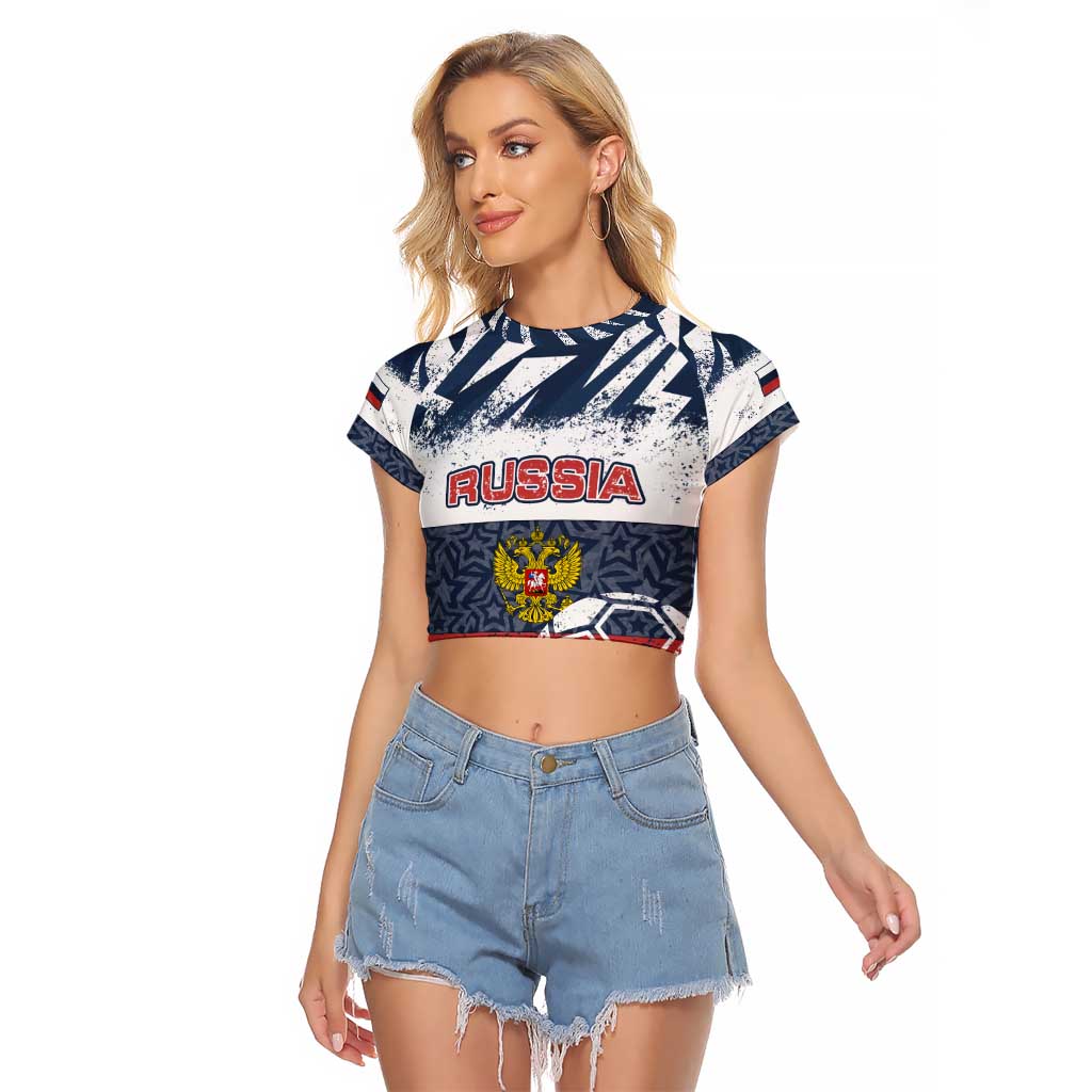 Personalized Russia Athletics Raglan Cropped T Shirt with Soccer Ball, National Emblem, and Grunge Flag Design