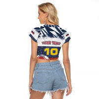 Personalized Russia Athletics Raglan Cropped T Shirt with Soccer Ball, National Emblem, and Grunge Flag Design