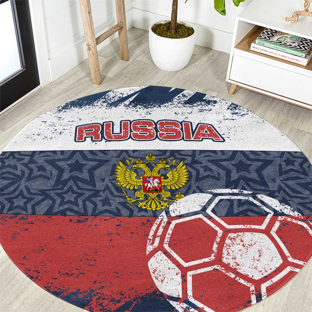 Russia Athletics Round Carpet with Soccer Ball, National Emblem, and Grunge Flag Design
