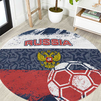 Russia Athletics Round Carpet with Soccer Ball, National Emblem, and Grunge Flag Design