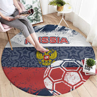 Russia Athletics Round Carpet with Soccer Ball, National Emblem, and Grunge Flag Design