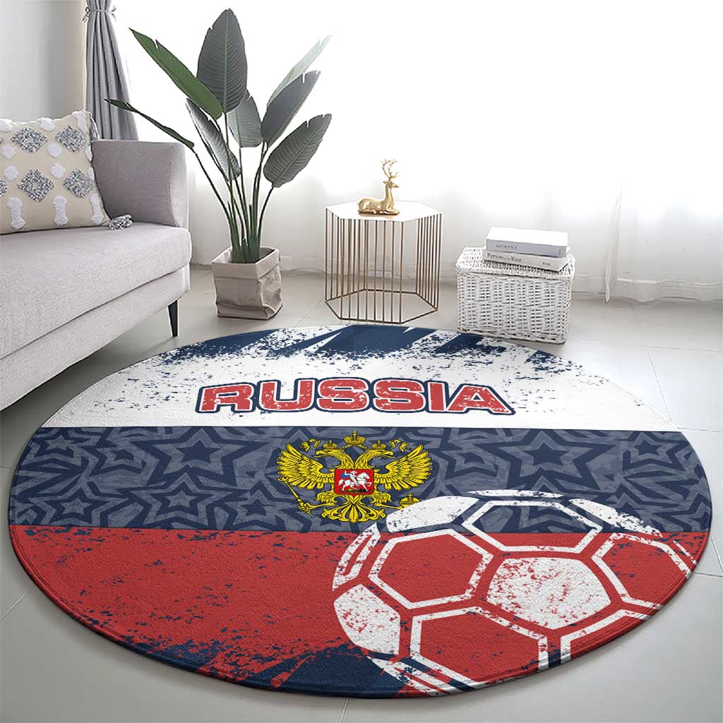 Russia Athletics Round Carpet with Soccer Ball, National Emblem, and Grunge Flag Design