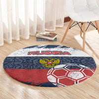 Russia Athletics Round Carpet with Soccer Ball, National Emblem, and Grunge Flag Design
