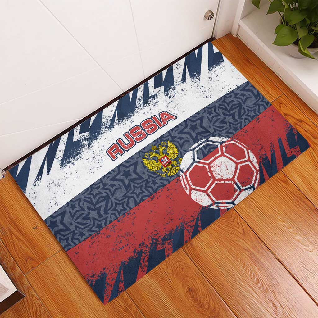 Russia Athletics Rubber Doormat with Soccer Ball, National Emblem, and Grunge Flag Design