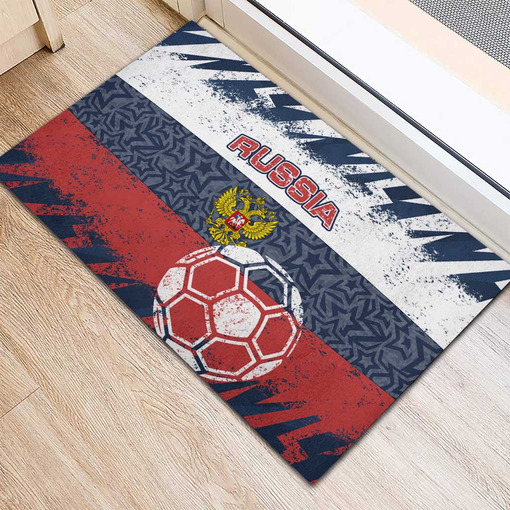 Russia Athletics Rubber Doormat with Soccer Ball, National Emblem, and Grunge Flag Design