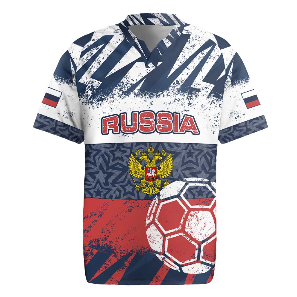 Personalized Russia Athletics Rugby Jersey with Soccer Ball, National Emblem, and Grunge Flag Design