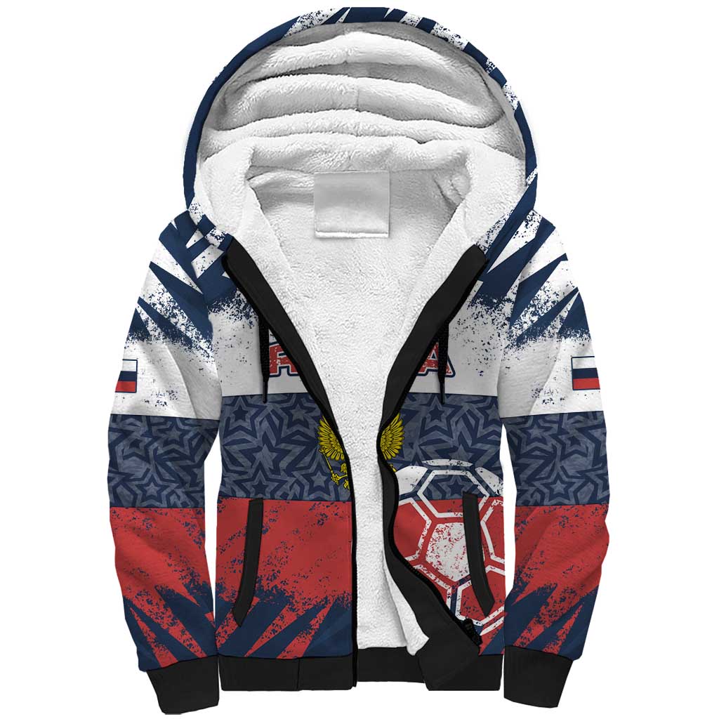 Personalized Russia Athletics Sherpa Hoodie with Soccer Ball, National Emblem, and Grunge Flag Design