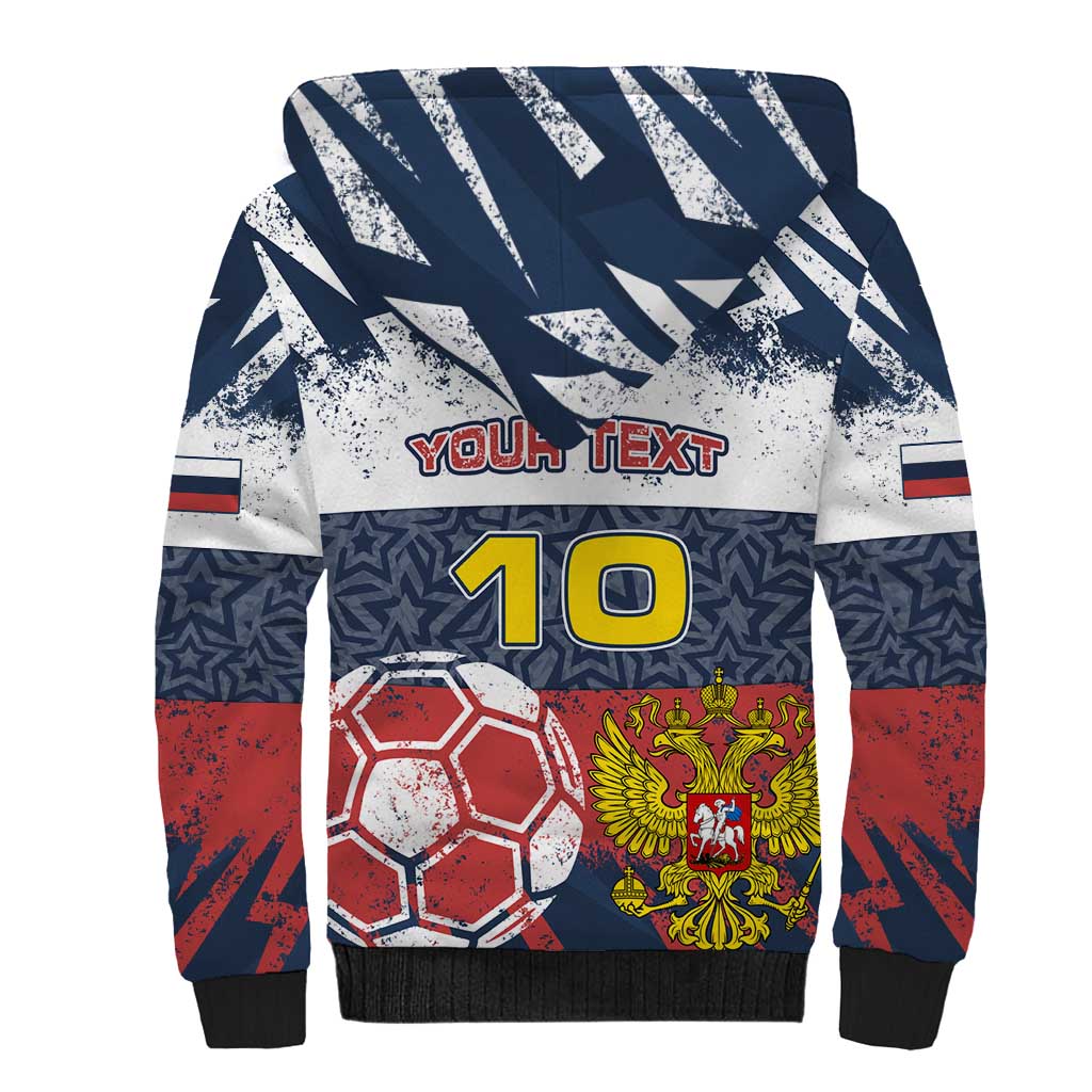 Personalized Russia Athletics Sherpa Hoodie with Soccer Ball, National Emblem, and Grunge Flag Design