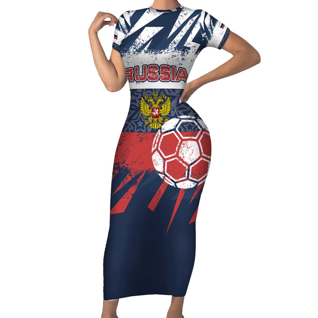 Personalized Russia Athletics Short Sleeve Bodycon Dress with Soccer Ball, National Emblem, and Grunge Flag Design
