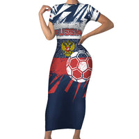 Personalized Russia Athletics Short Sleeve Bodycon Dress with Soccer Ball, National Emblem, and Grunge Flag Design