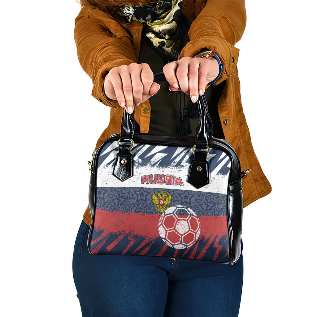 Russia Athletics Shoulder Handbag with Soccer Ball, National Emblem, and Grunge Flag Design